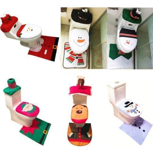 Toilet Foot Pad Seat Cover Cap Christmas Decorations Happy Santa Toilet Seat Cover and Rug Bathroom Accessory Santa Claus 1Set