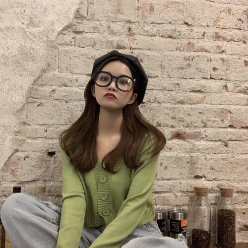 Spring And Autumn Knitted Womens Short Cardigan Short Sweater Long Sleeve V-neck Green Blue Waist Cardigan Womens Clothing