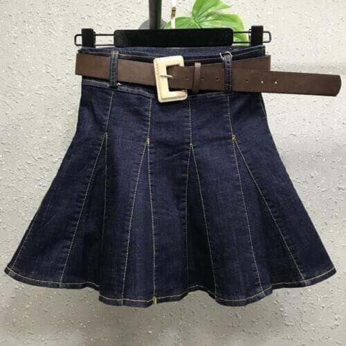 2020 spring summer new pleated denim skirt women high waist anti-light jeans miniskirt