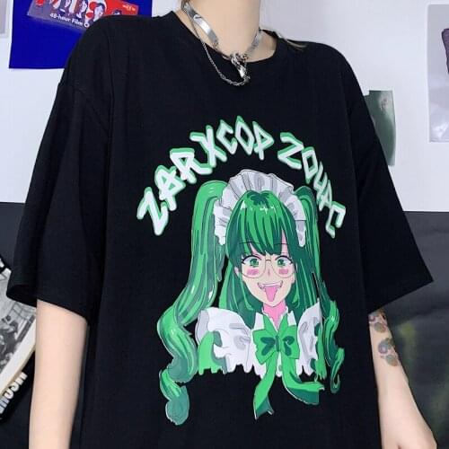 Plus Size Goth Clothes Harajuku Tops Anime Print Short Sleeve Cotton Black Y2K Vintage Korean Styles Dropshipping Women T-Shirts