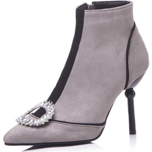 Women Boots Ankle Boots for Women 2018 Winter High Heels Short Boots Rhinestone Buckle Ladies Shoes Size 34-43 XKD2038