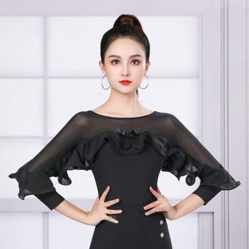 Latin Dance Costumes For Women Female Lace Mesh Tops Lotus leaf fold design Clothes Ballroom Chacha Latin Dance Clothes DN9559