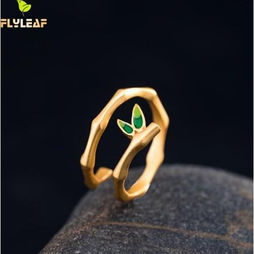 925 Sterling Silver 18k Gold Bamboo Open Rings For Women Ethnic Style Luxury Female Vintage Jewelry 2021 New