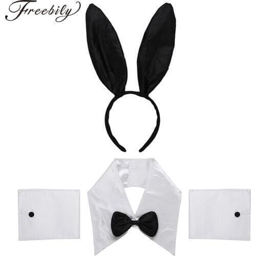 Women Bunny Girl Cosplay Costume Accessories Set Halloween Bachelorette Festival Rave Dress Up Rabbit Ears Headband Collar Cuffs