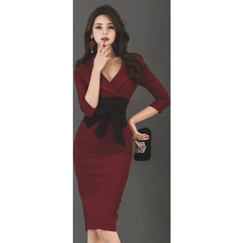 New Elegant V-neck Patchwork Bow Women Dress High Waist Knee-length Vestidos Spring Korean Office Ladies Bodycon Dress Female