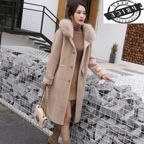 Winter Jacket Women Natural Wool Coat Sheep Shearing Coat Female Real Fox Fur Hooded Warm Clothes Slim Long Parka LWL1363