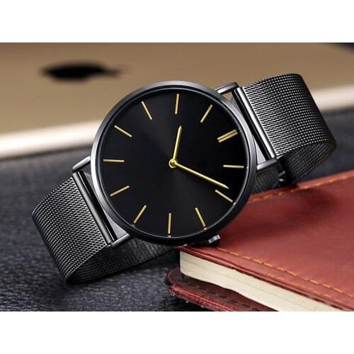 1pc Classic Men Watches Fashion Stainless Steel Wrist Watch Mesh Band Black Men Business Sport Quartz Watches Reloj Hombre