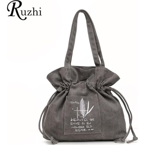 2021 Vintage Drawstring Bucket Bag Girls Solid Canvas Shoulder Bags Casual Letter Handbag For Women High Quality Tote Bag Gifts