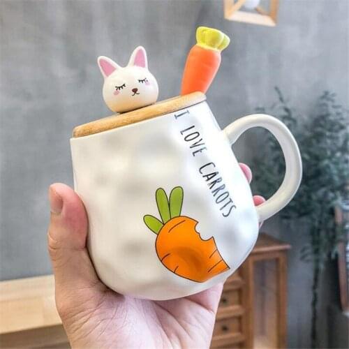 400MLCute Rabbit Breakfast Milk Mugs Girl Cartoon Ceramic Cup Wooden Lid Spoon Student Milk Tea Mug Ladies Office Flower Tea Cup