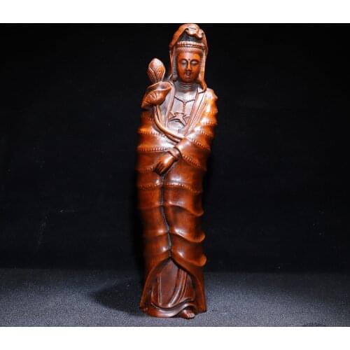 9"China Lucky Old Boxwood Hand-carved Lotus Guanyin Bodhisattva Buddha statue Office Ornaments Town House Exorcism
