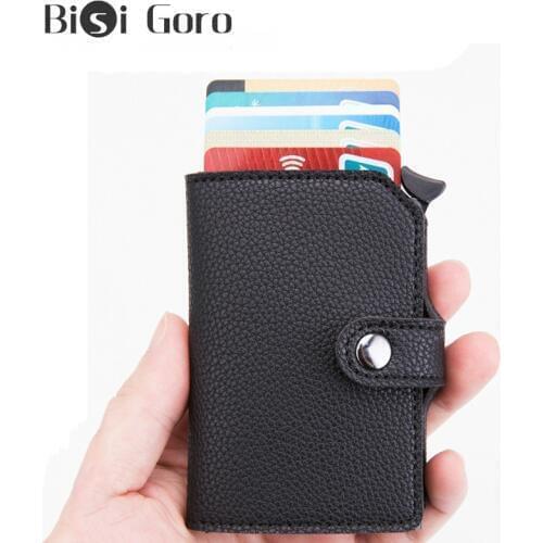BISI GORO 2020 RFID Blocking Button Credit Card Holder Protection Men Wallet Leather Metal Aluminum Business Bank ID Card Case