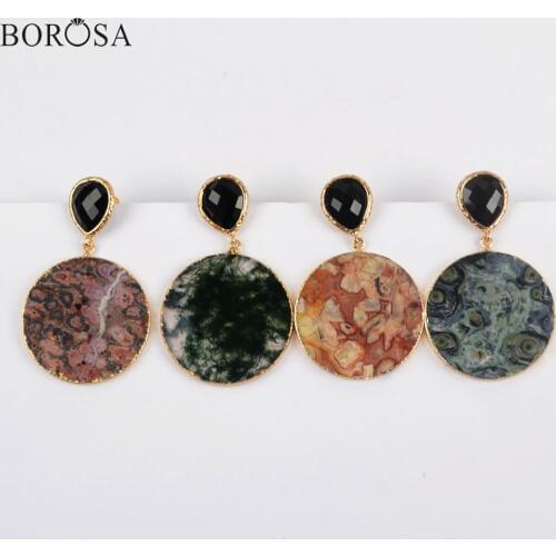BOROSA 5Pairs New Arrival Gold Plating 30mm Round Natural Jaspers Dangle Earrings Rainbow Gems Stone Drop Earring Jewelry WX1175