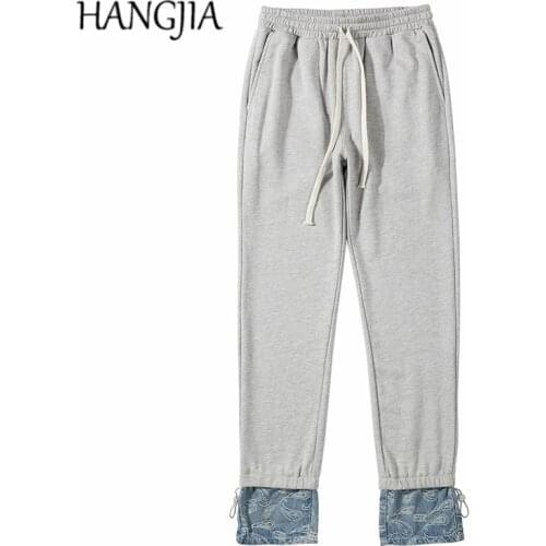 Urban Streetwear Cashew Flower Denim Terry Stitching Sweatpants for Men Hip Hop Patchwork Elastic Drawstring Joggers Pants Women