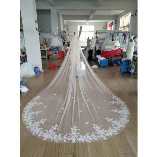 Long Lace Bridal Veil 4 Meters Cathedral Mantilla Wedding Veils Appliques Edge Bridal Veil with Comb Wedding Accessories