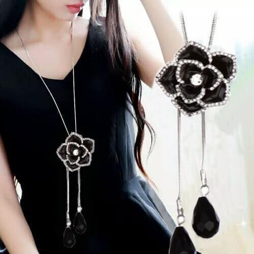 Zircon Crchid Flower Long Necklace Sweater Chain Fashion Metal Chain Crystal Black Flower Pendant Necklaces Adjusted