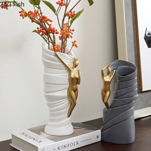 European Resin Vases Modern Golden Figure Art Flower Vase Crafts Desktop Bookcase Flower Arrangement Home Decoration Accessories