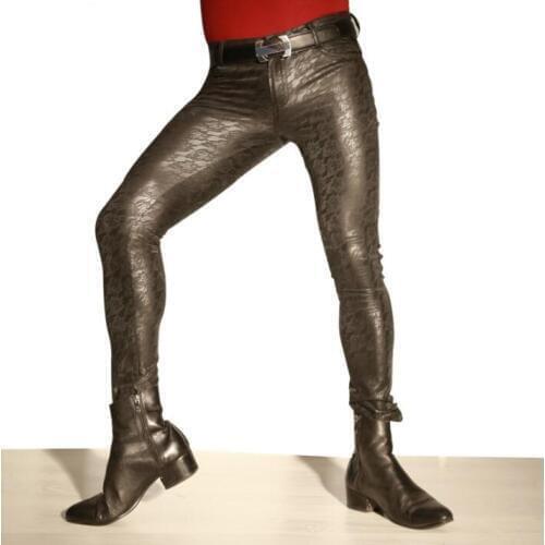 Personality fashion Pattern PU High elasticity Tight leather trousers mens pants mens feet trousers pantalon street novelty