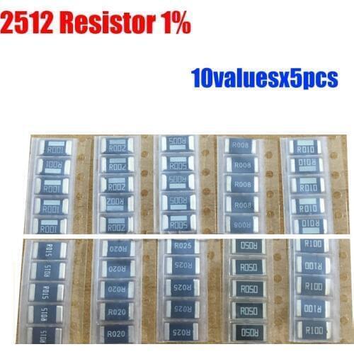 2512 SMD Alloy Resistor Kit 10valuesX5pcs=50pcs R001 R010 R020 R050 Resistor Pack 1% Torlerance