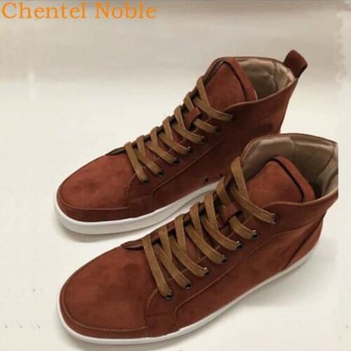 Chentel Flock Outdoor Casual Shoe Party Men Flats Sole Sneakers Dark Brown Lace-Up High Top Large Size Vulcanized Shoes Unisex