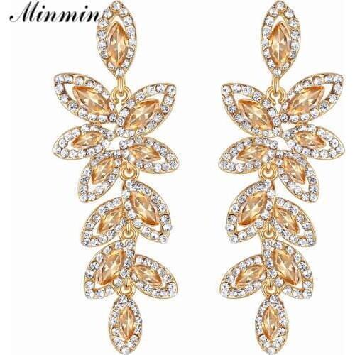 Minmin Crystal Big Long Drop Earrings for Woman Leaf Shape Gold Color Korean Wedding Earrings Fashion Party Jewelry 2019 EH1084