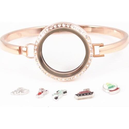 Fashion 7/8 Inches Round Locket Bangles Screw 316L Stainless Steel Rose Gold 25/30mm Floating Charms Lockets Bracelets for Women