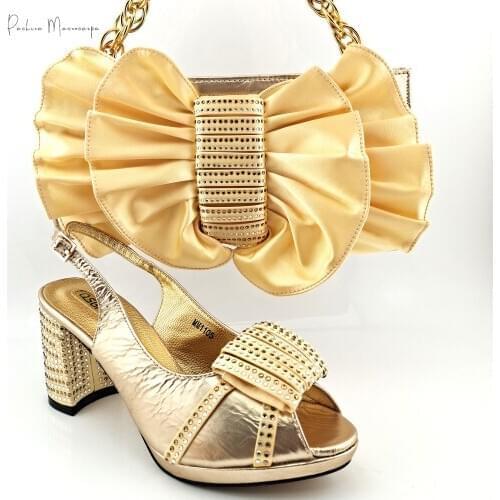 New Arrival Italian Design High Quality Party Women Shoes and Bag Set Decorated With Narrow Band in Gold Color