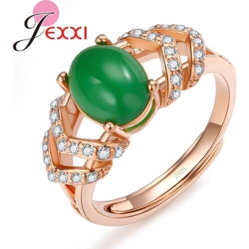 Wholesale Beautiful Green Stone Rose Gold Engagement Ring with Clear CZ Rhinstone Classic Jewelry for Women Best Gift