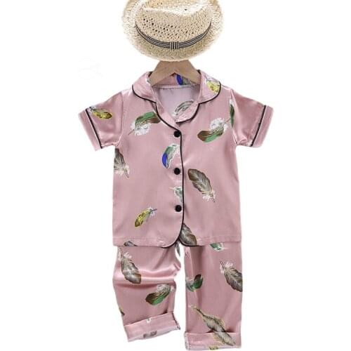 Baby Kids Pajamas Sets Silk Boys Sleepwear Suit Autumn Girls Pajamas Short Sleeve Pijamas Tops+Pants 2pcs Children Clothing