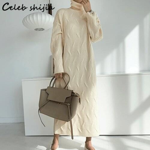 Apricot Thick Loose Knit Dress Woman Autumn Turtleneck Knitted Vestido Dress Female Elegant Argyle Winter Clothing Long Sweater
