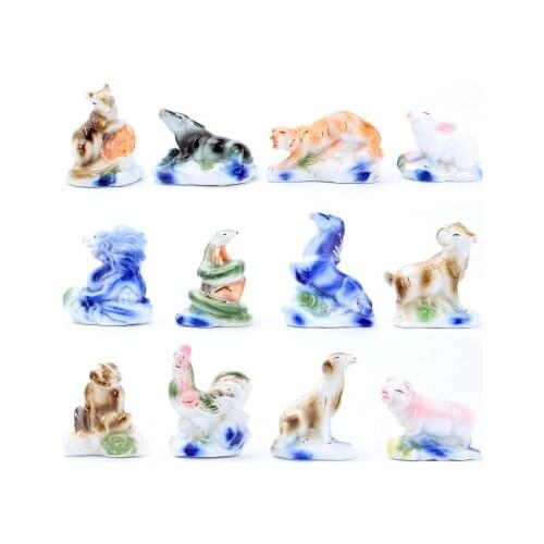 Lovely twelve animal Ceramic 12 zodiac pieces feng shui Supplement the craft rat ox tiger horses crafts sculpture statues Home