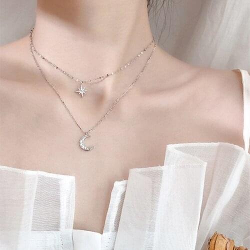 Simple Stars Double Layer Choker Shiny Zircon Moon Pendants Necklaces For Women Gift Fine Jewelry 2021