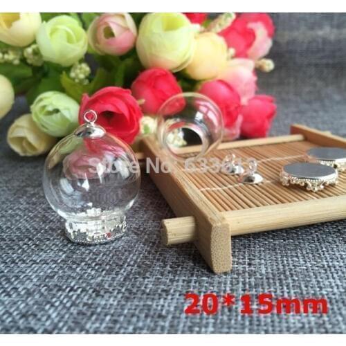 SALE Free Ship! 20sets/lot 20mmx15mm(opening) Glass globe & base & cap connector set glass bottle glass cover vials pendant DIY