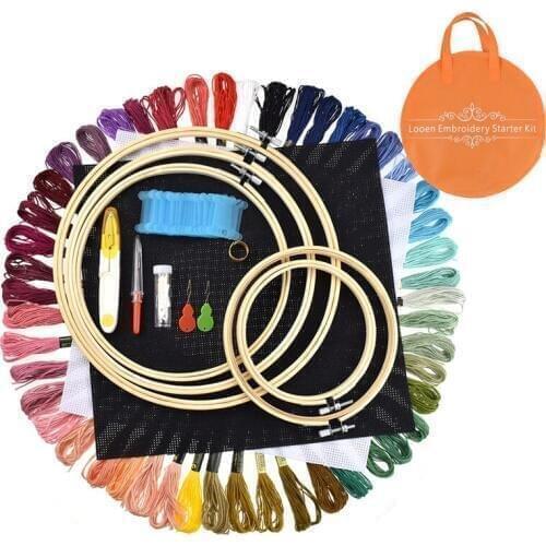 Embroidery Starter Kit 50pcs Cross Stitch Floss Threads 5pcs Bamboo Embroidery Hoops Needlework Sewing Needles Embroidery Kit