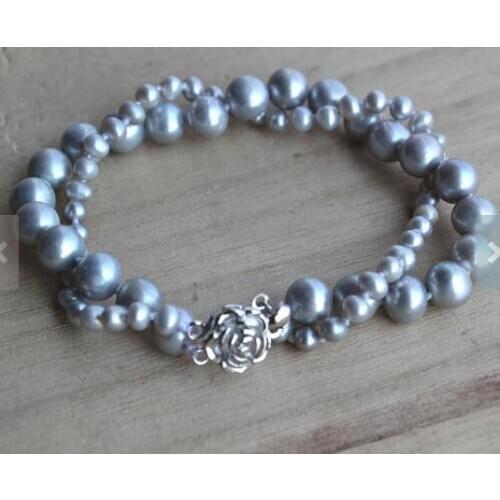 Unique Pearl Jewelry Genuine Pearl Bracelet 2 rows Gray Color Real Freshwater Pearl Bracelet Wedding Birthday Gift Fine Jewelry
