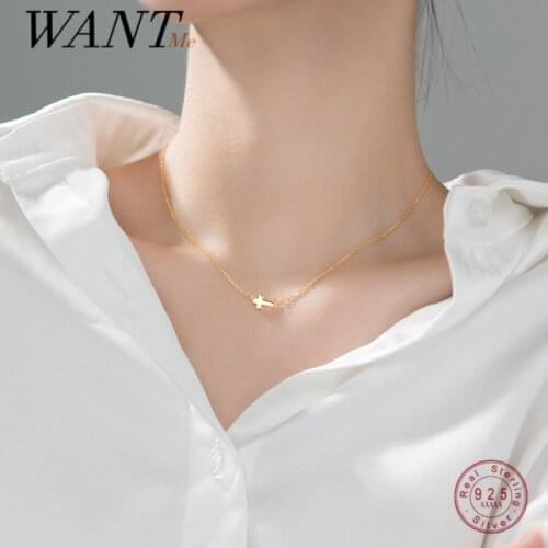 WANTME 925 Sterling Silver Punk Simple Cross Chain Pendant Clavicle Necklace for Women European Fashion Classic Golden Jewelry