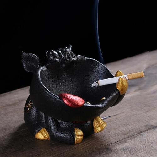 Fun black big mouth pig ceramic ashtray Personalized retro decorative Cartoon pig ashtrays