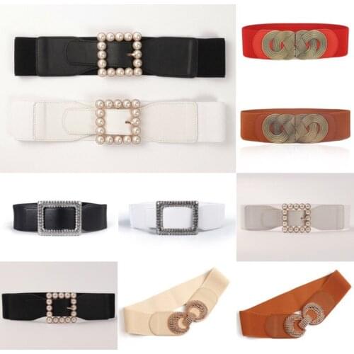 Ladies Simple Cummerbund Elastic Pearl Waistband Square Buckle Belt Skirt Ornament For Decoration