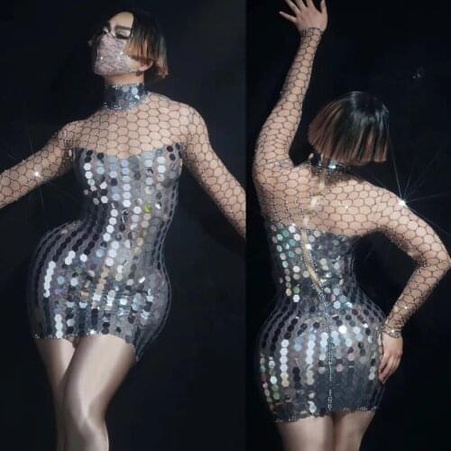 Flashing Rhinestones Mirror Dresses for Women Birthday Celebrate Dress Women Nightclub Stage Costume Party Dancer Bodycon Dresse
