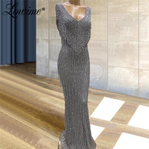 Heavy Beading Tassel Women Grey Evening Dresses 2020 Couture Mermaid Dubai Party Gowns Arabic Muslim V Neck Celebrity Dresses