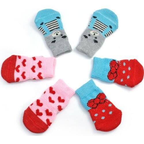 4pcs/Set Cute Warm Dog Cat Shoes Anti-Slip Knit Socks Pink Pet Puppy Kitten Shoes For Small Medium Dogs Cats Chihuahua Perros