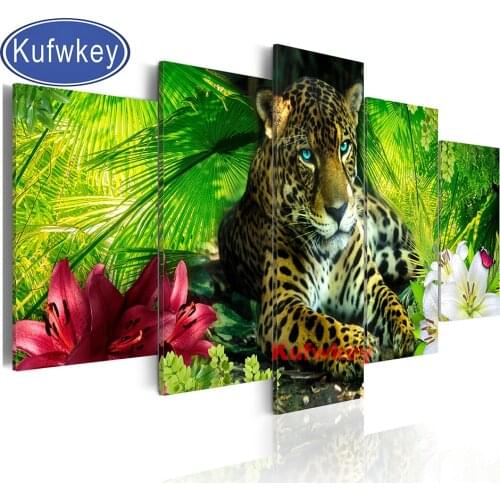 5 piece diy diamond painting Red flower leopard animal full square/round drill mosaic embroidery sale needlework F2286