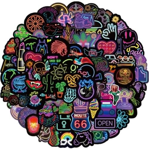 50/100Pcs New Cartoon Neon Light Graffiti Stickers Car Guitar Motorcycle Luggage Suitcase DIY Classic Toy Decal Sticker for Kid