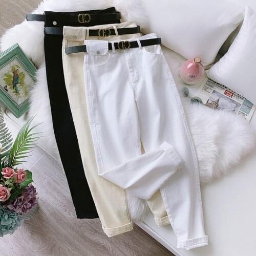 White Jeans Harem Pants for Women Casual Vintage Harem Womens Denim Pants High Waist Sashes Chic Cotton Pants Female Boyfriend