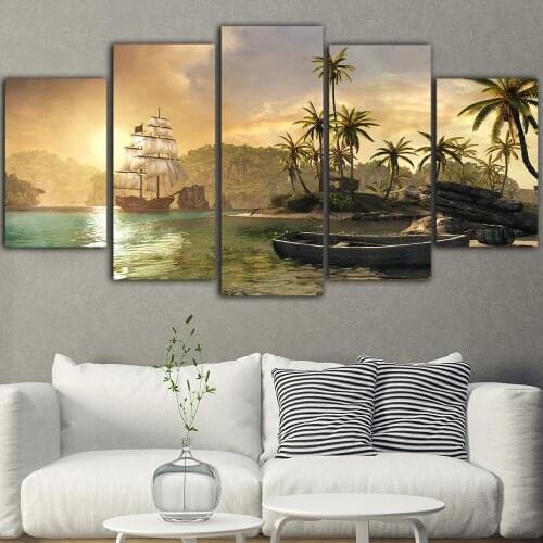 HD Print Canvas Sailboat Paintings Home Decor Sea Wall Art Modular Coconut Tree Pictures Modern Landscape Posters Bedroom Frame