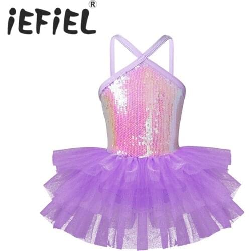 IEFiEL Kids Child Teenager Sleeveless Halter Sequins Gymnastics Leotard Dance Tutu Dress for Girls Ballerina Class Dancewear