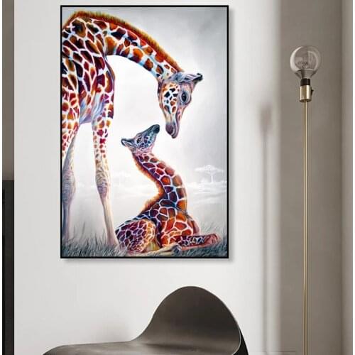 Colorful Loving Animal Wall Art Picture Giraffe and Baby Oil Painting Woodland Wild Animal Poster for Bedroom Wall Art Decor