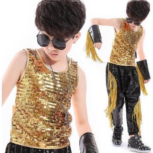 Boys Hip Hop Costumes Gold Sequin Vest Fringed Harem Pants Children Stage Performance Clothes Modern Street Dancewear DNV12478