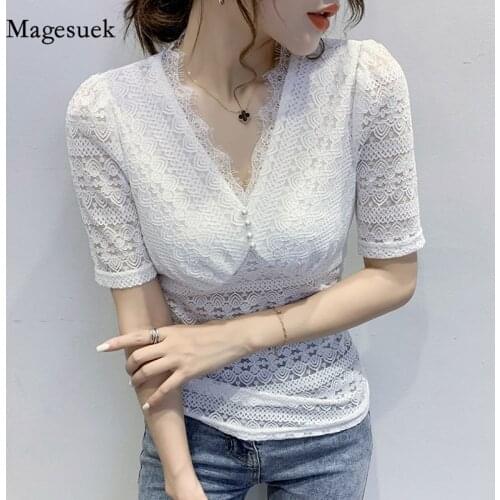 Summer V-neck Lace Shirt New Sexy Splicing Wild Elegant Lace Shirt Short-sleeve Blouse Female Blouse Tops Blusas Mujer 14477