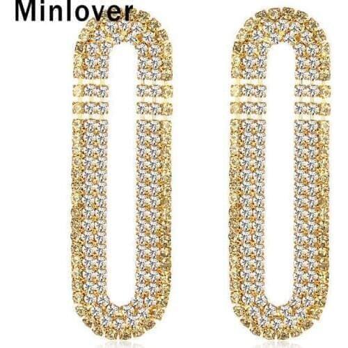 Minlover Crystal Gold Color Oval Bride Earrings for Women Rhinestone Statement Geometric Drop Earrings Wedding Jewelry MEH1372