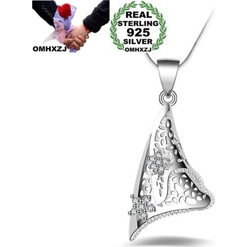 OMHXZJ Wholesale Personality Fashion OL Woman Girl Gift Silver Geometric AAA Zircon 925 Sterling Silver Pendant Necklace NC102